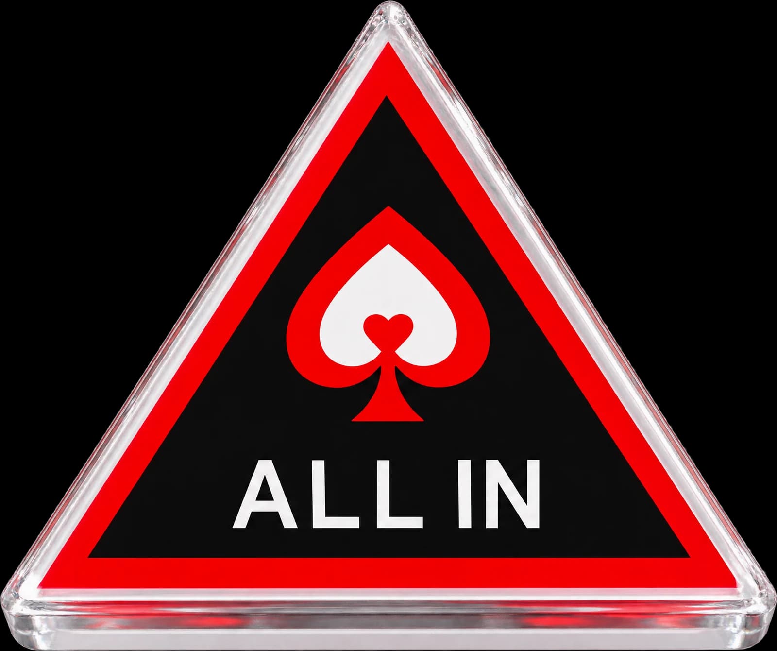 כפתור ALL IN משולש מזכוכית שקופה, עם מסגרת אדומה וסמל עלה לבן