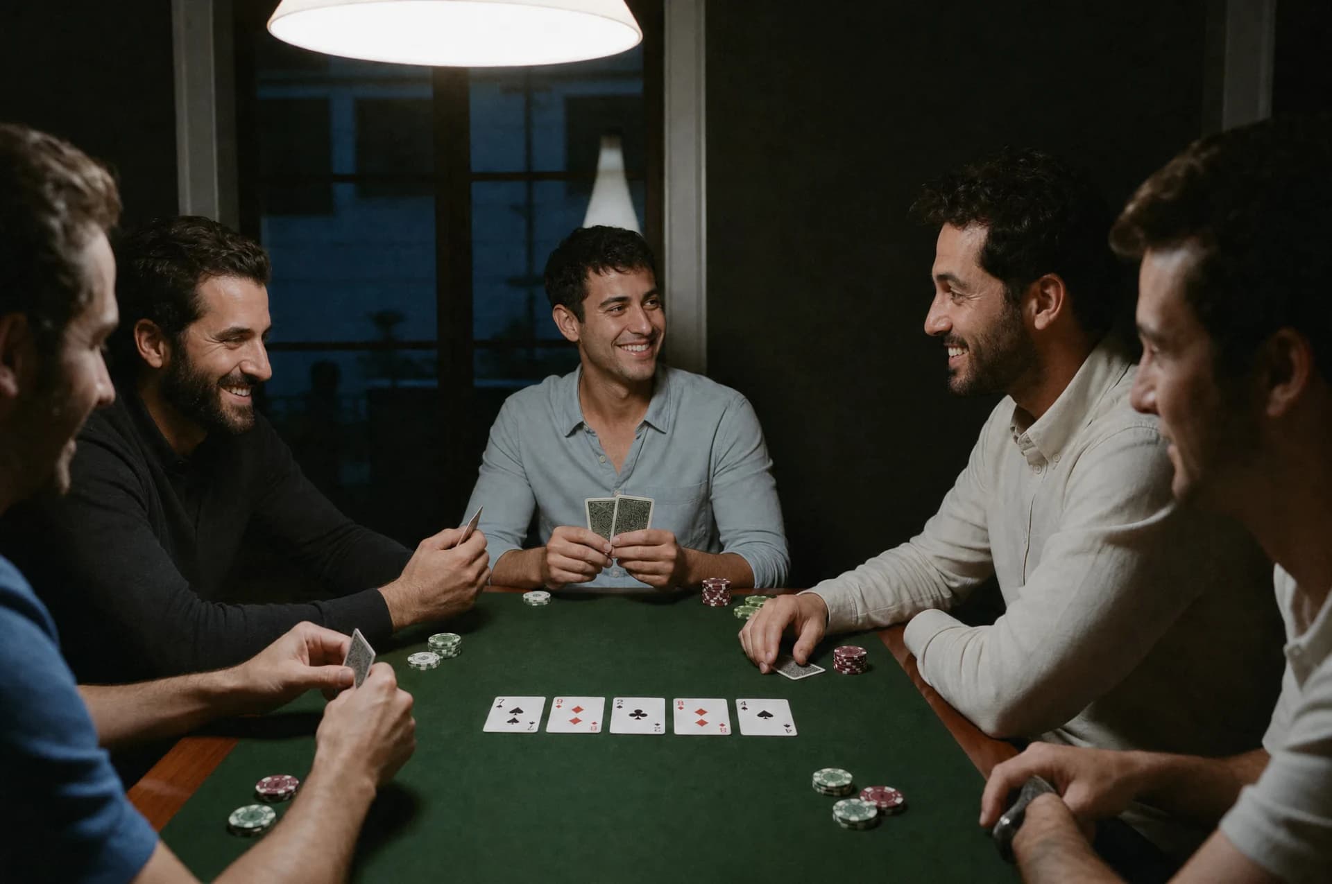 המחשת ערב פוקר ביתי: חברים צוחקים יחד סביב שולחן ירוק